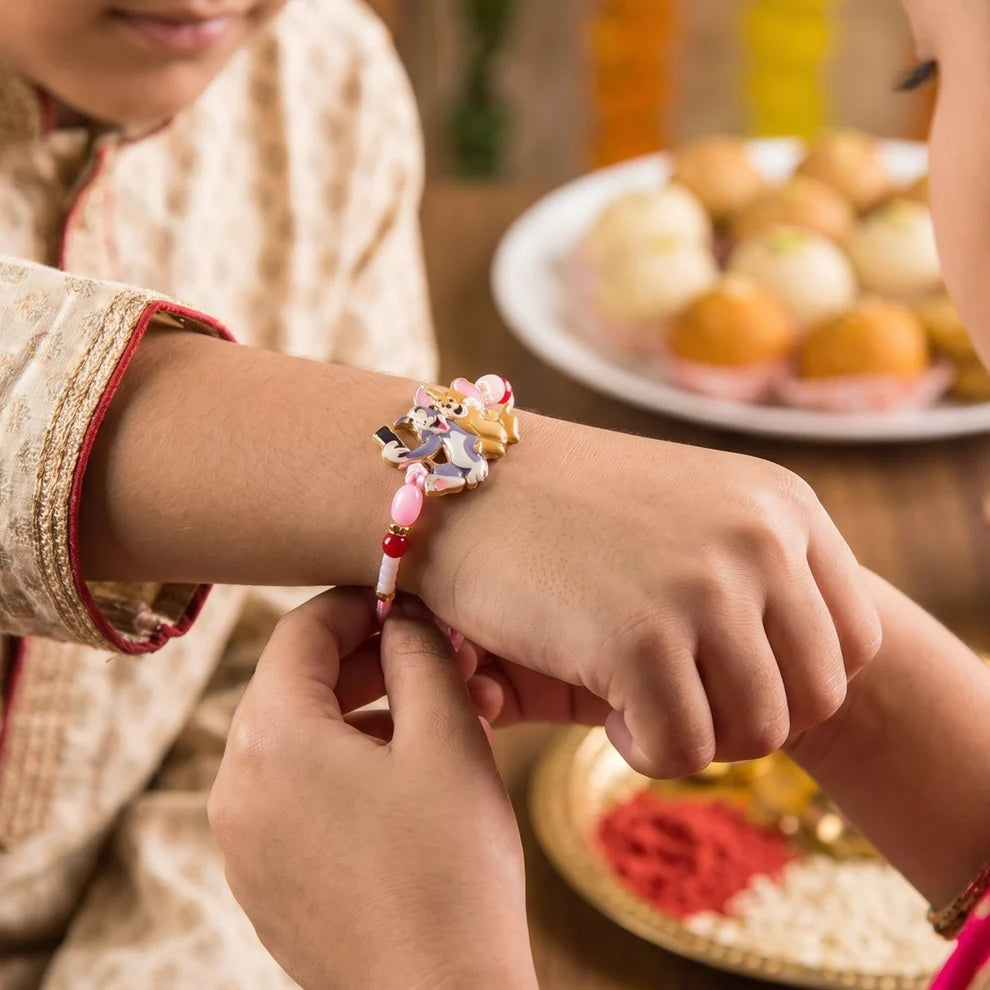 Kids Rakhi β Cute Cartoon Cat & Mouse Selfie Design for Siblings