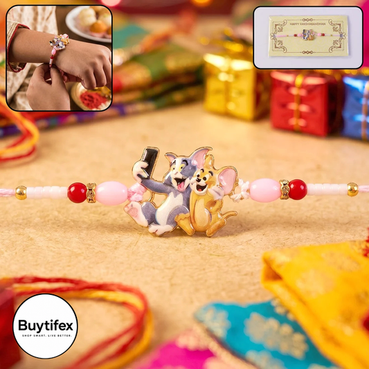Kids Rakhi – Cute Cartoon Cat & Mouse Selfie Design for Siblings
